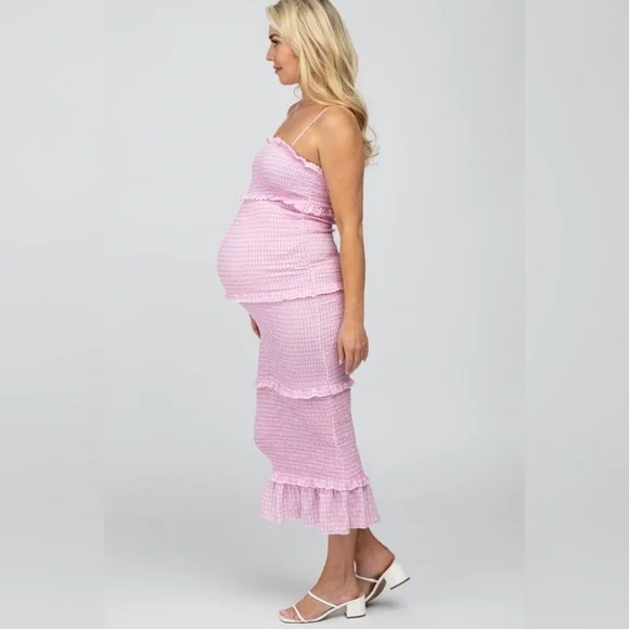 PinkBlush gingham smocked ruffle trim midi bodycon dress nwot - Picture 2 of 7